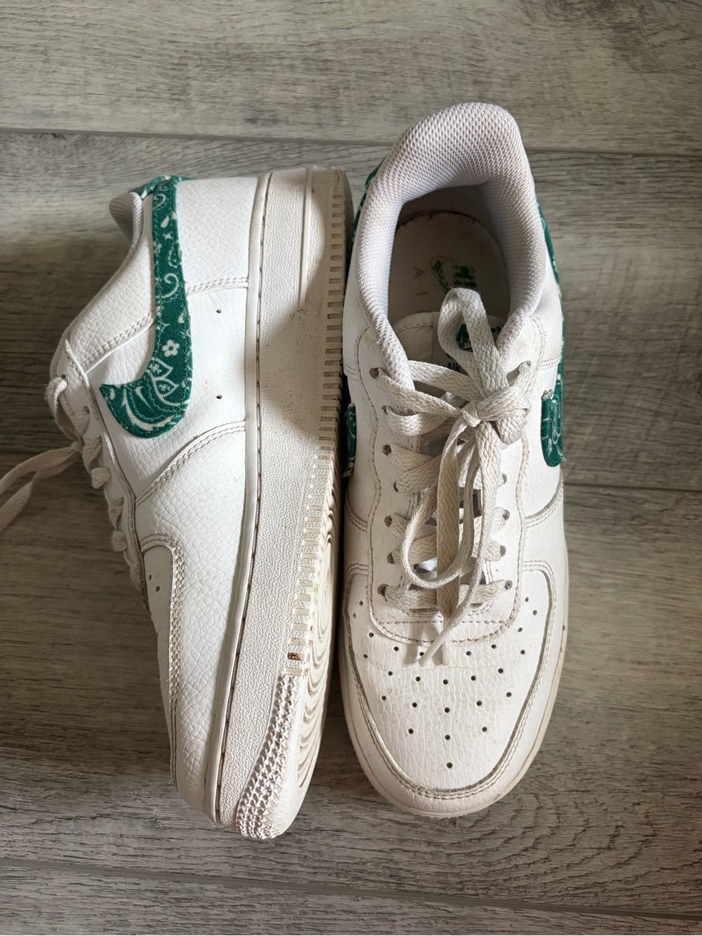 Nike Air Force 1 White Sneakers with Green Paisley Swoosh